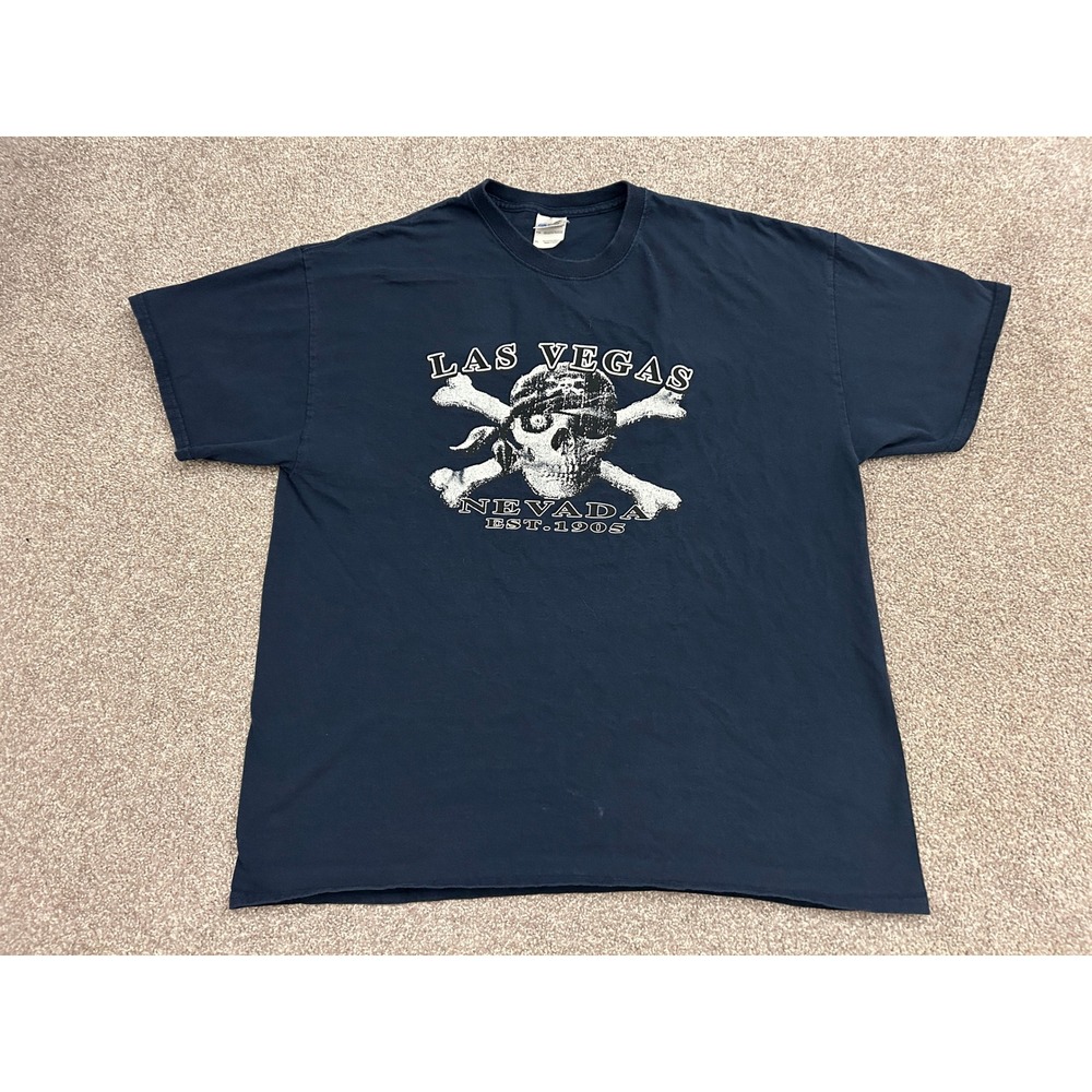 Y2K Las Vegas Pirate Skull T-Shirt Mens XL Navy Blue Excellent Graphic Tee